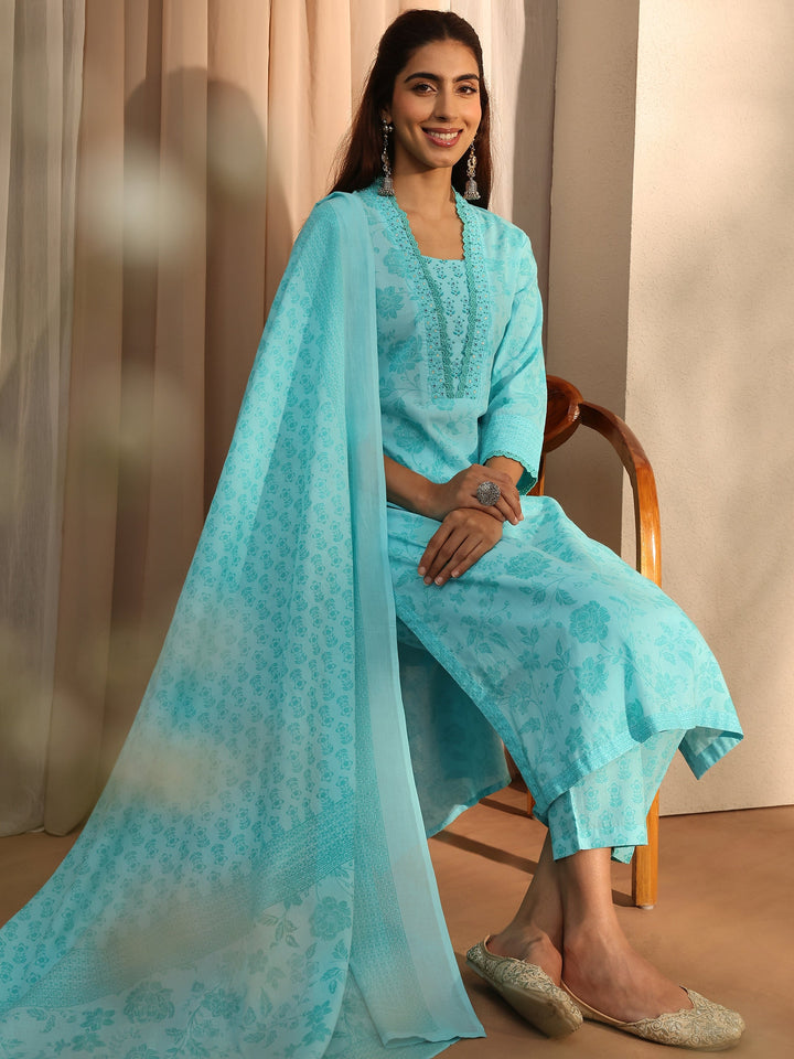 Blue Floral Printed Cotton Blend Straight Suit Set With Dupatta