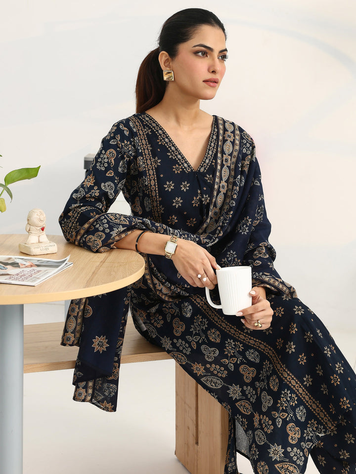 Blue Floral Printed Cotton Blend Straight Suit Set With Dupatta