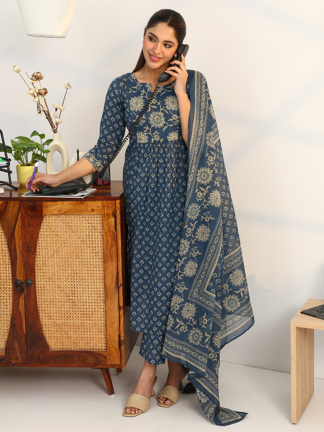 Blue Floral Printed Cotton Blend Straight Suit Set With Dupatta