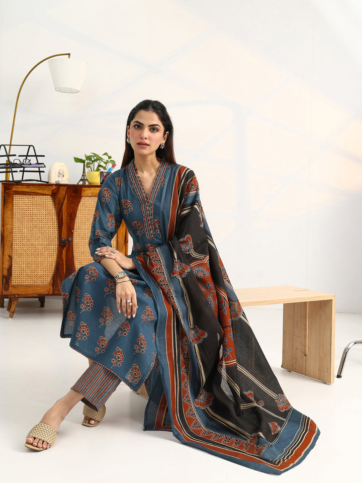 Blue Floral Printed Cotton Blend Straight Suit Set With Dupatta