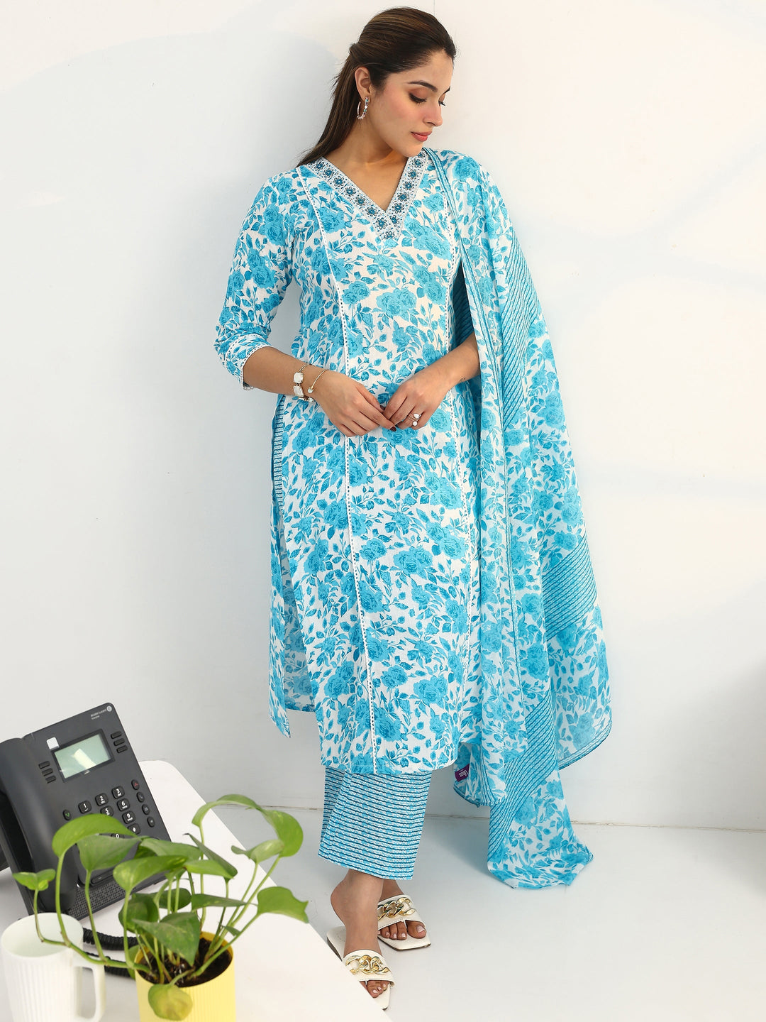 Blue Floral Printed Cotton Blend Straight Suit Set With Dupatta