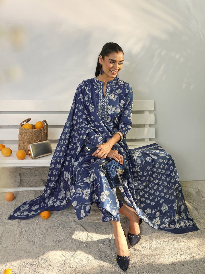 Blue Floral Printed Cotton Blend Straight Suit Set With Dupatta