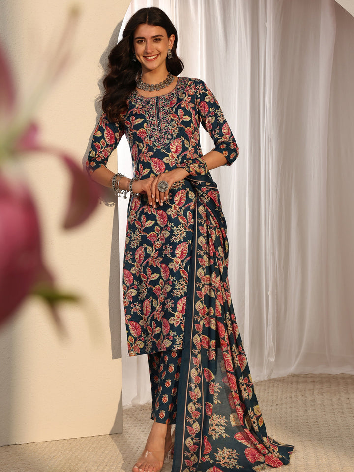 Blue Floral Printed Cotton Blend Straight Suit Set With Dupatta