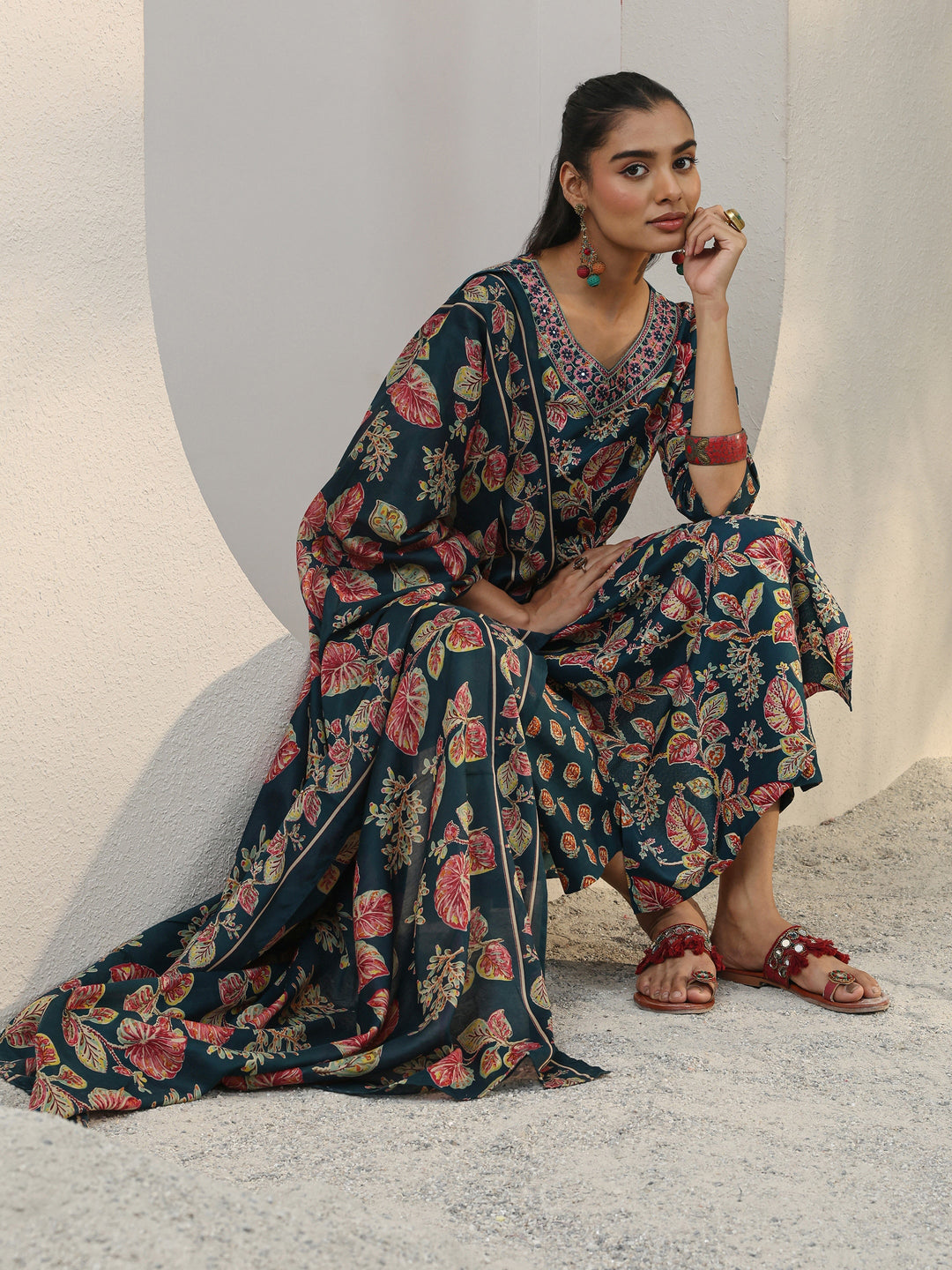 Blue Floral Printed Cotton Blend Straight Suit Set With Dupatta