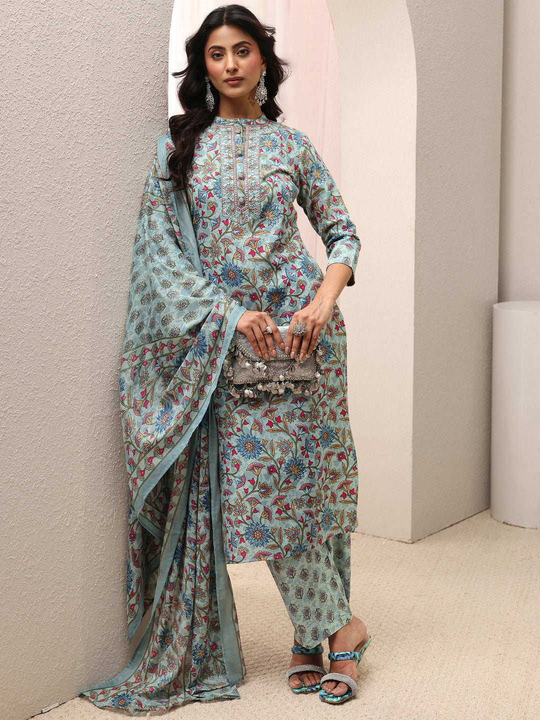 Blue Floral Printed Cotton Blend Straight Suit Set With Dupatta