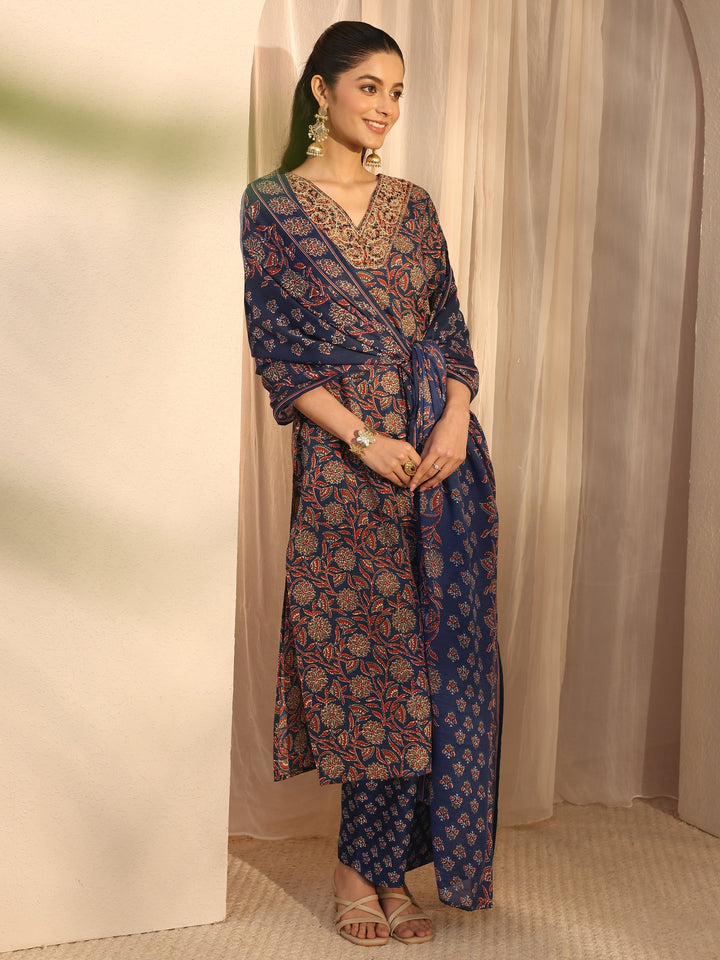 Blue Floral Printed Cotton Blend Straight Suits Set With Dupatta