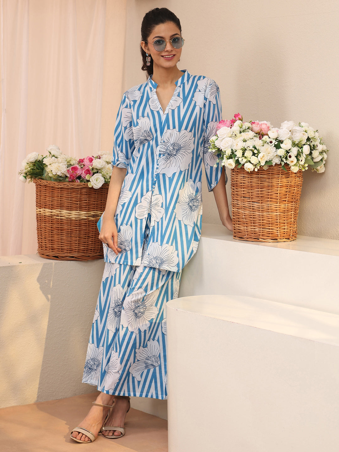 Blue Floral Printed Cotton Co-Ord Set