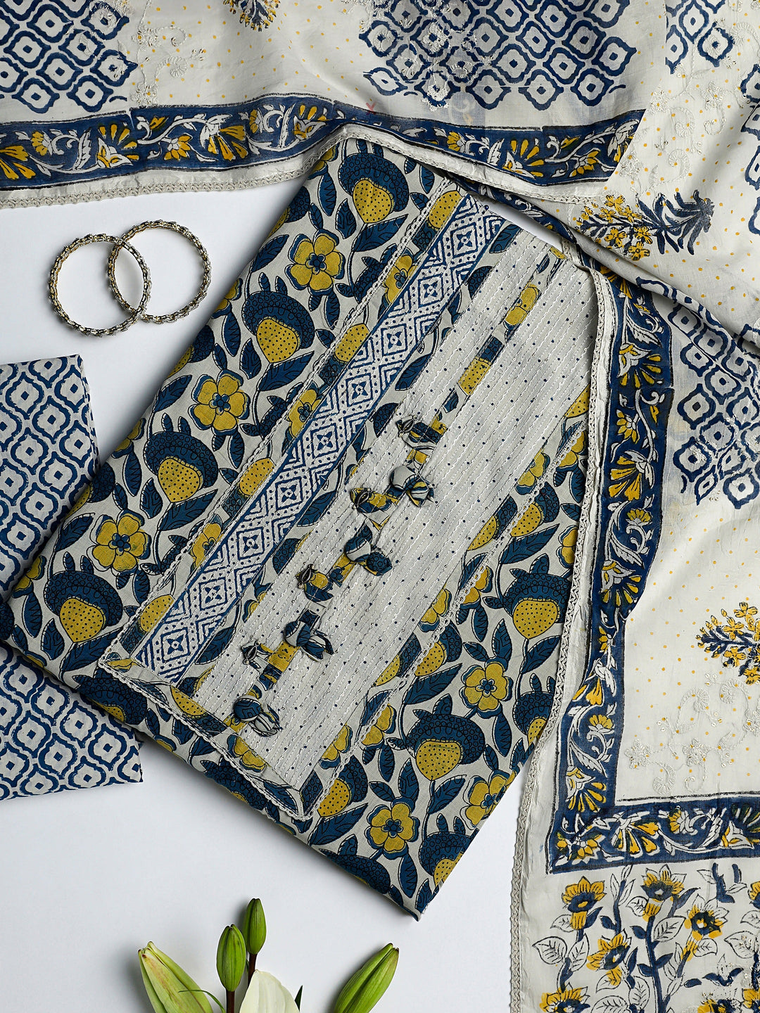 Blue Floral Printed Cotton Dress Material With Dupatta