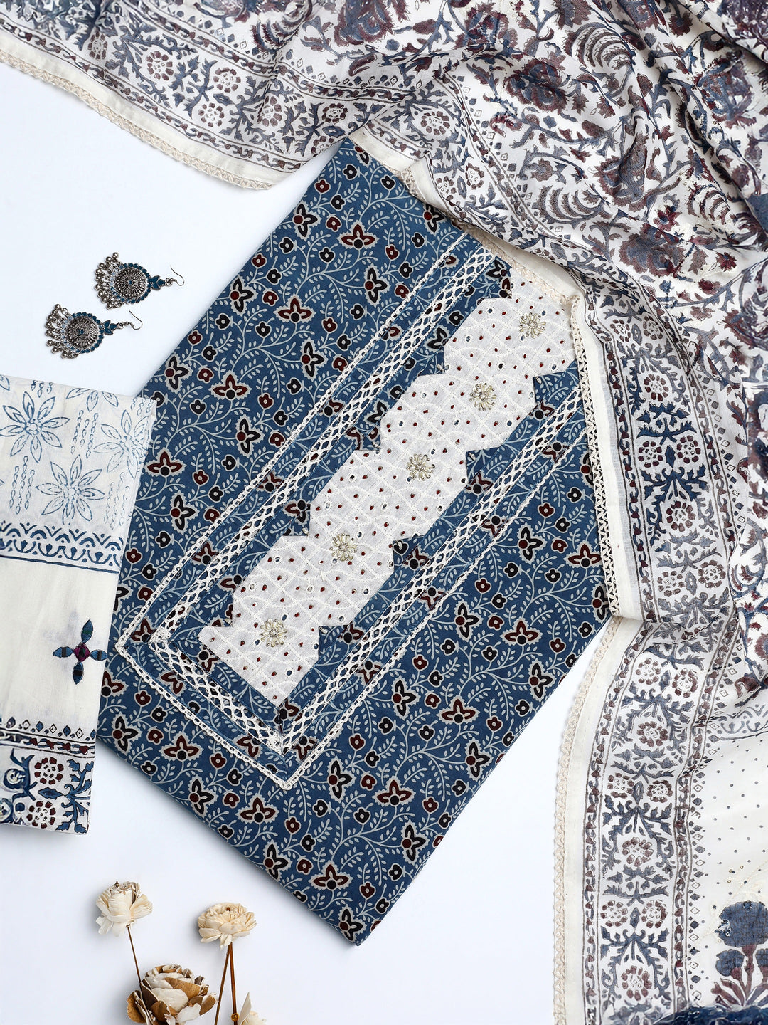 Blue Floral Printed Cotton Dress Material With Dupatta