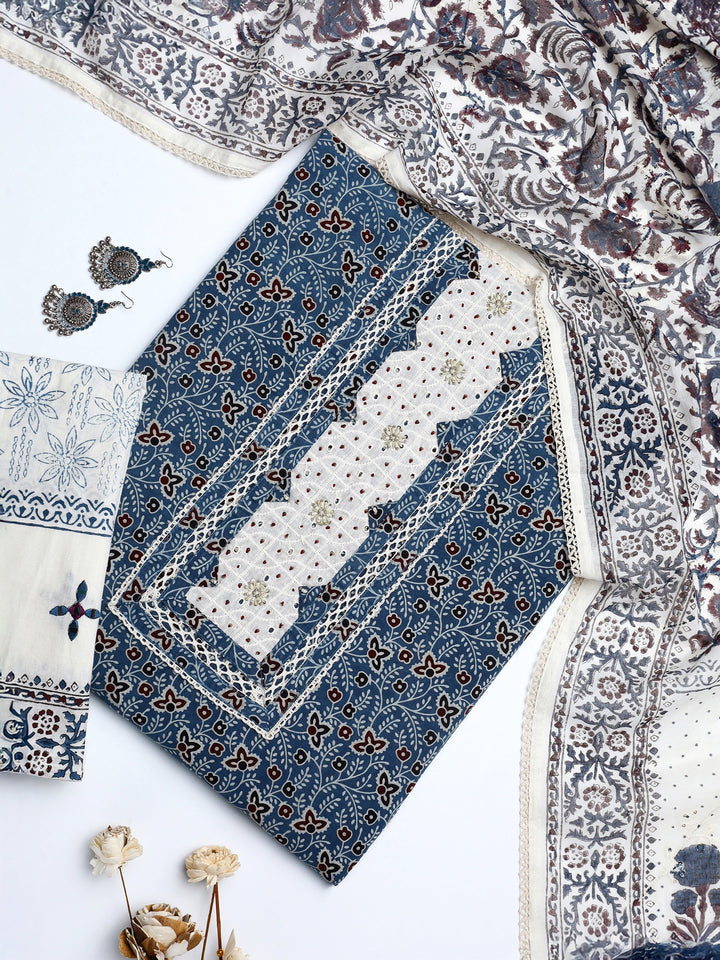 Blue Floral Printed Cotton Dress Material With Dupatta