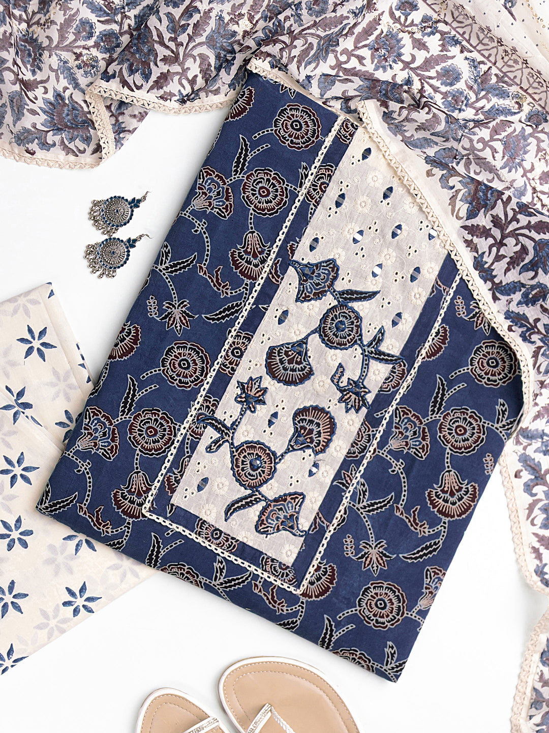 Blue Floral Printed Cotton Dress Material With Dupatta