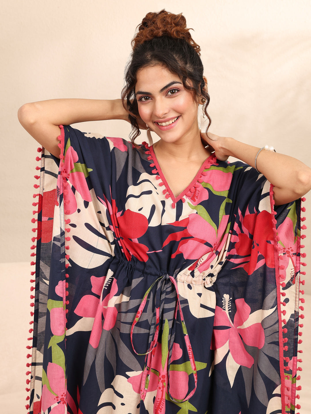 Blue Floral Printed Cotton Kaftan Night Dress