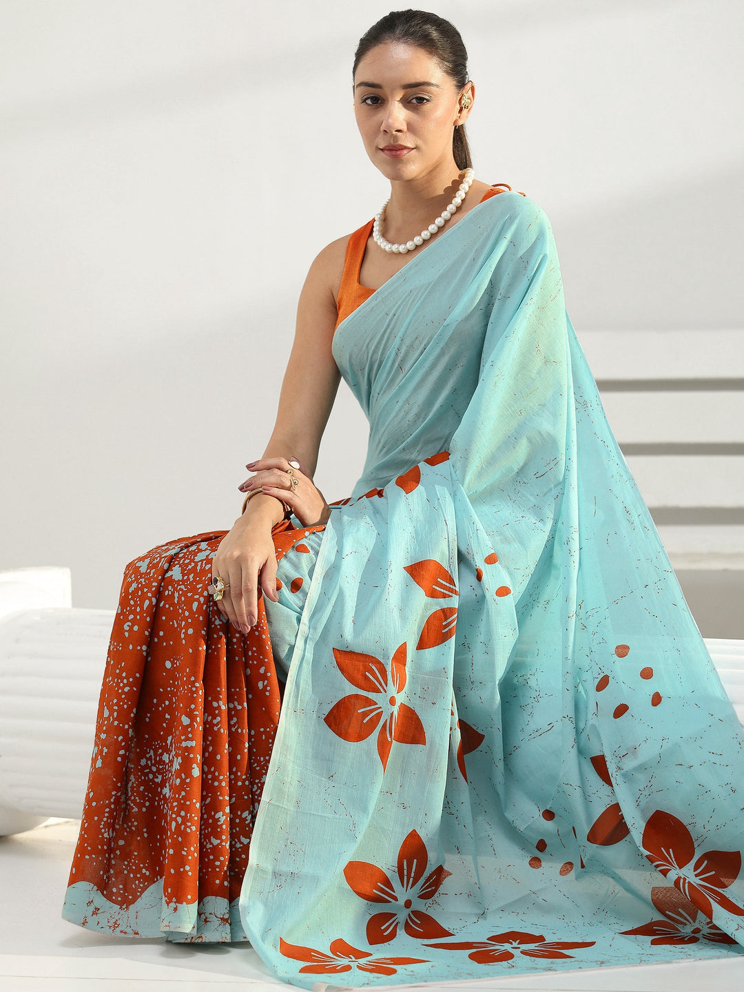 Blue Floral Printed Cotton Saree