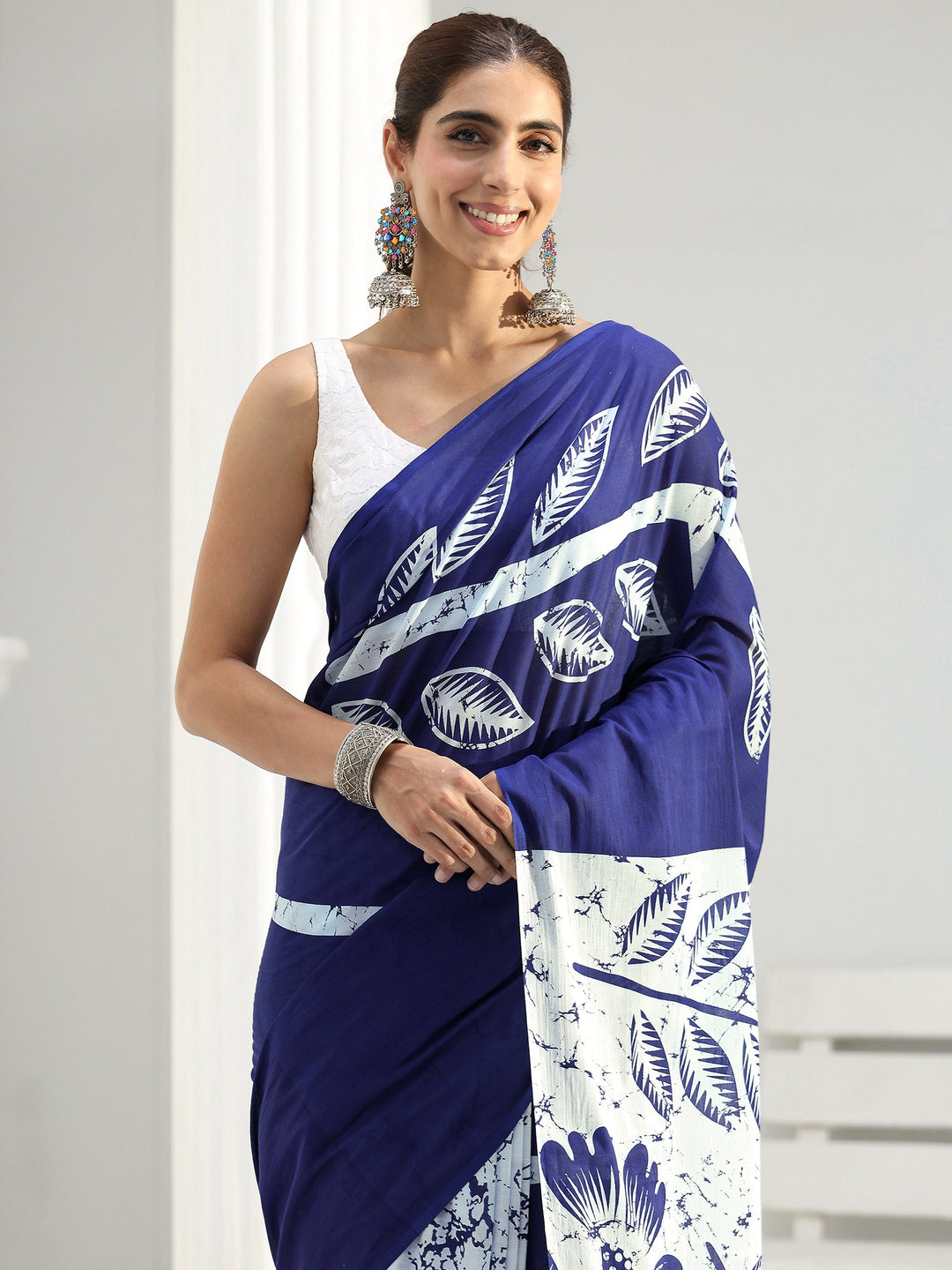 Blue Floral Printed Cotton Saree