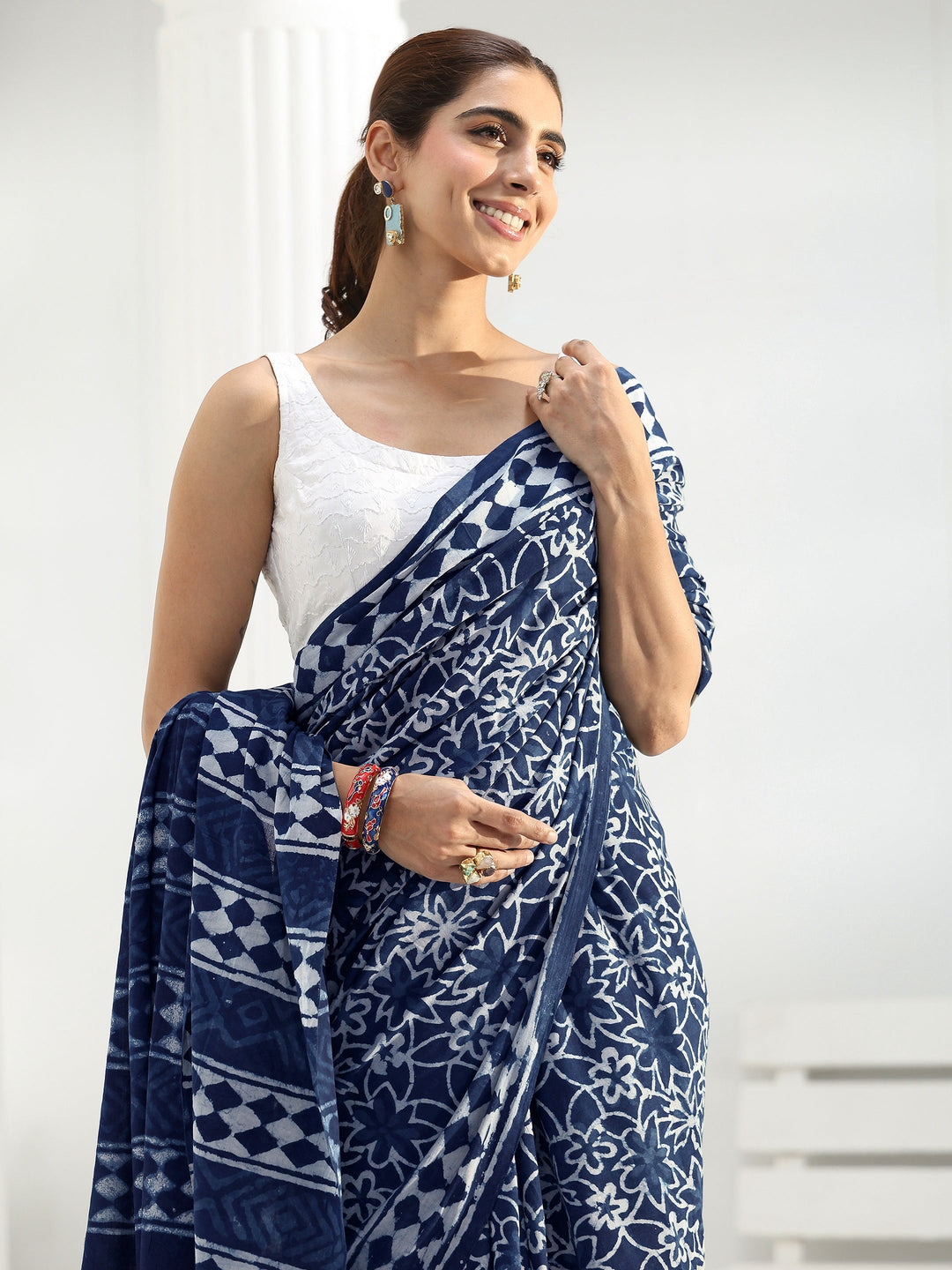 Indigo Floral Dabu Print Cotton Saree