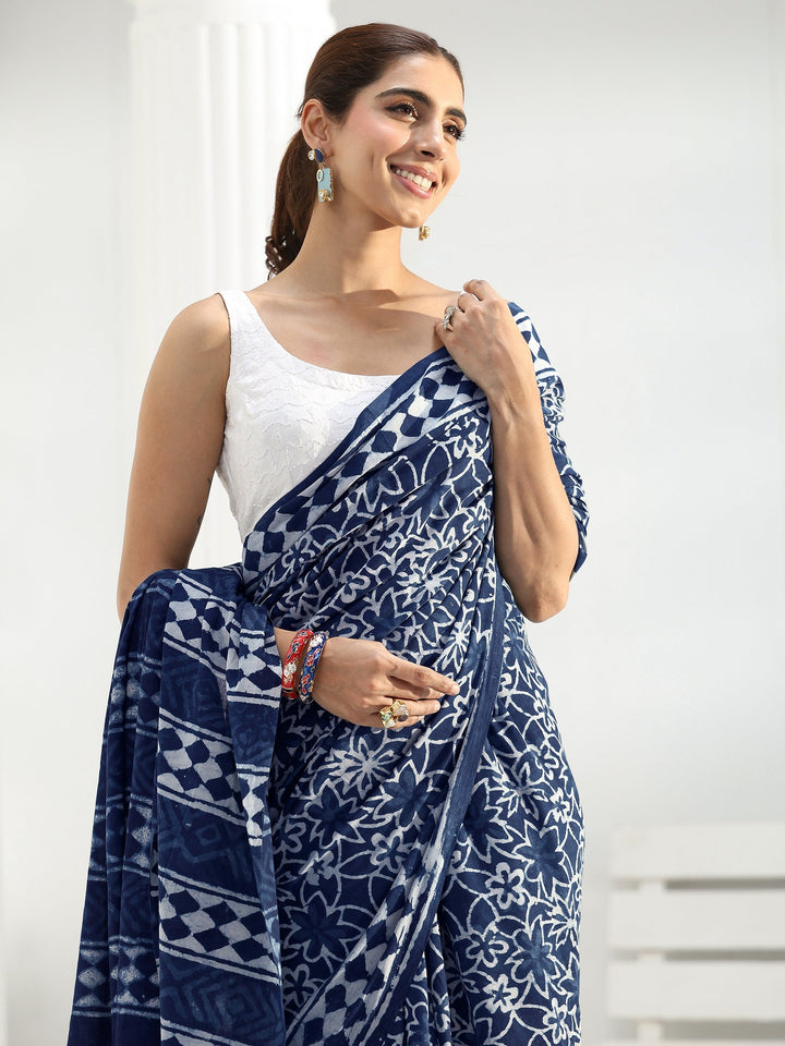 Indigo Floral Dabu Print Cotton Saree