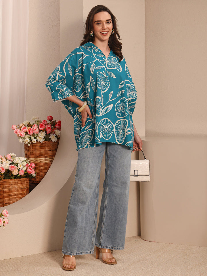 Blue Floral Printed Cotton Straight Short Kurti