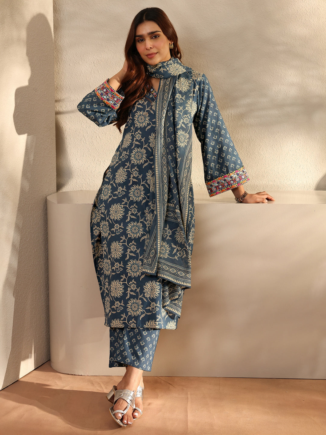 Blue Floral Printed Cotton Straight Suit Set With Dupatta
