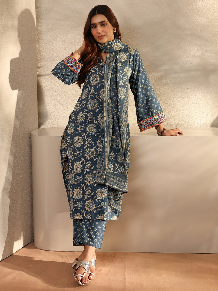 Blue Floral Printed Cotton Straight Suit Set With Dupatta