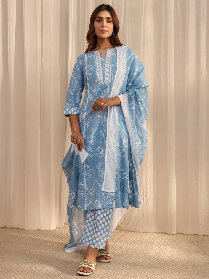 Blue Floral Printed Cotton Straight Suit Set With Dupatta