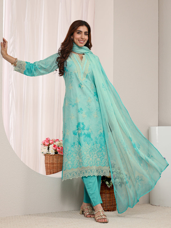 Blue Floral Printed Cotton Straight Suit Set with Dupatta