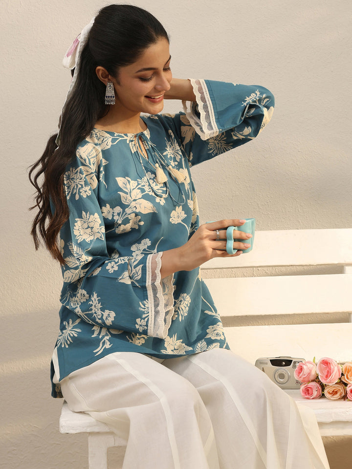 Blue Floral Printed Cotton Tie-Up Straight Short Kurti