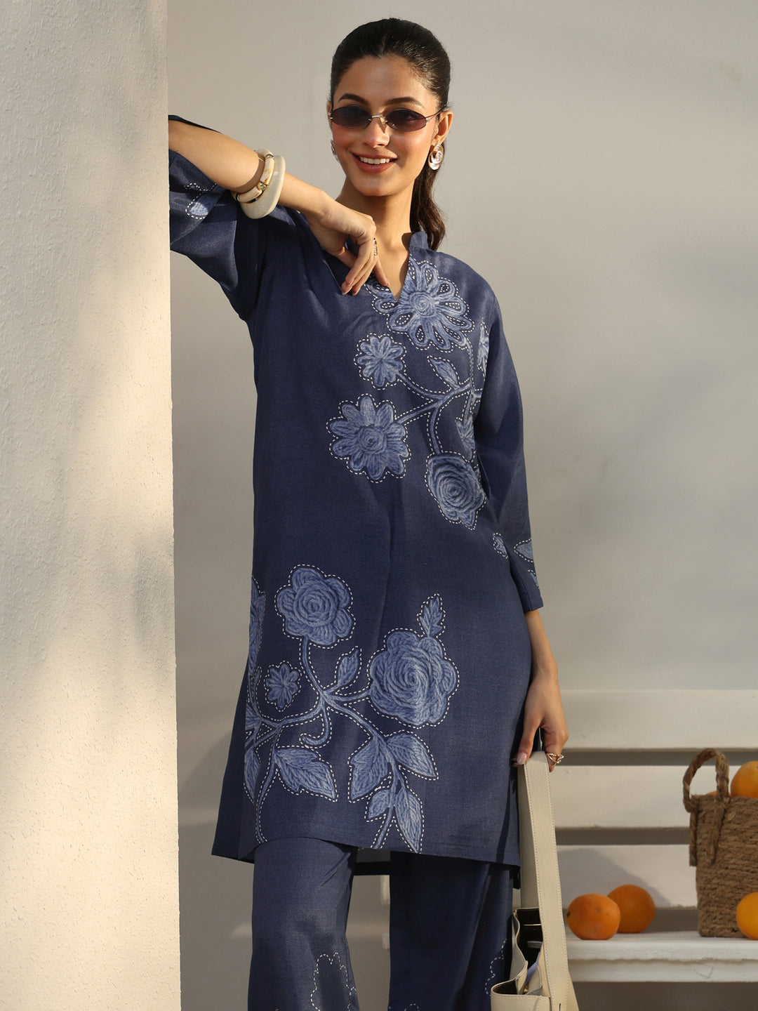 Blue Floral Printed Linen Co-Ord Set