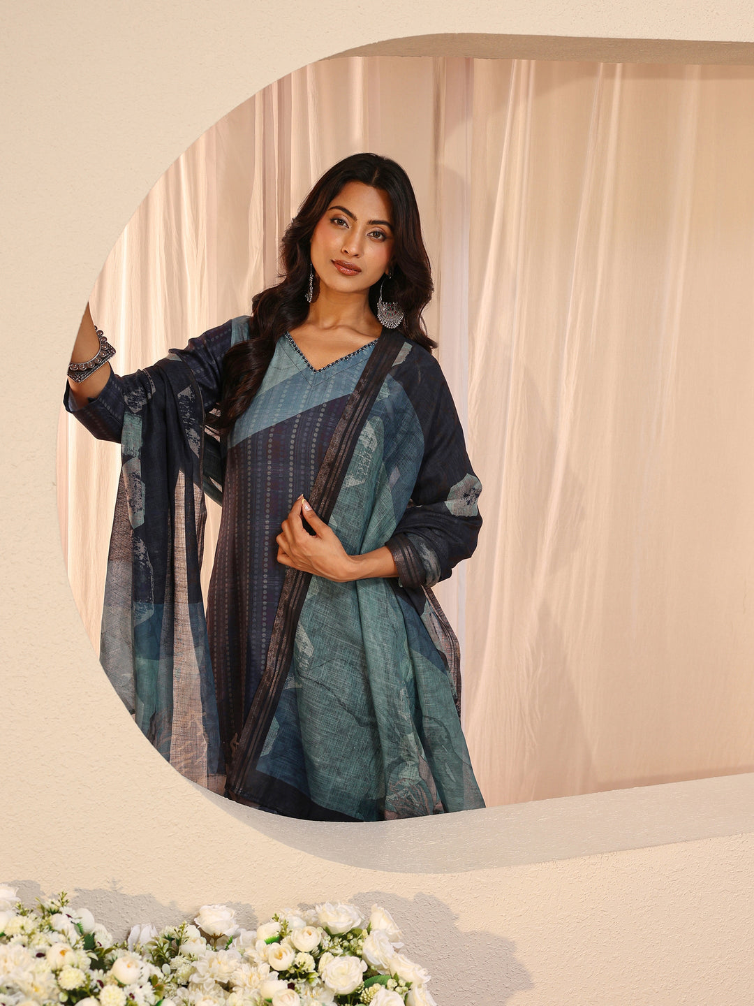 Blue Floral Printed Linen Straight Suit Set