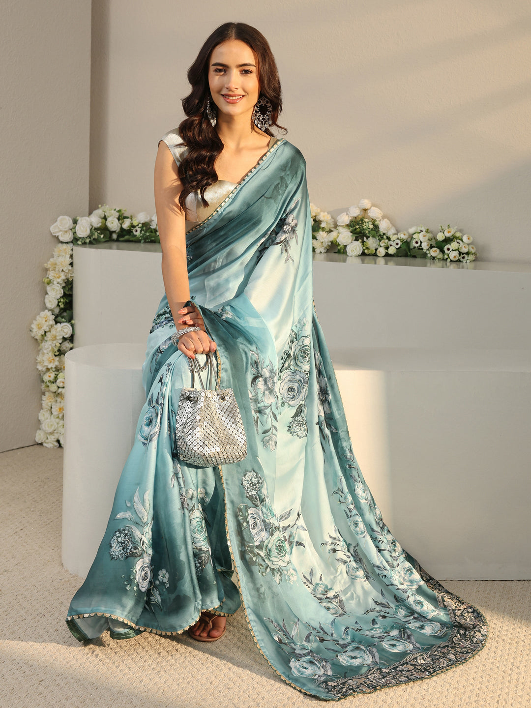 Blue Floral Printed Ombre Chiffon Saree With Unstitched Blouse Piece