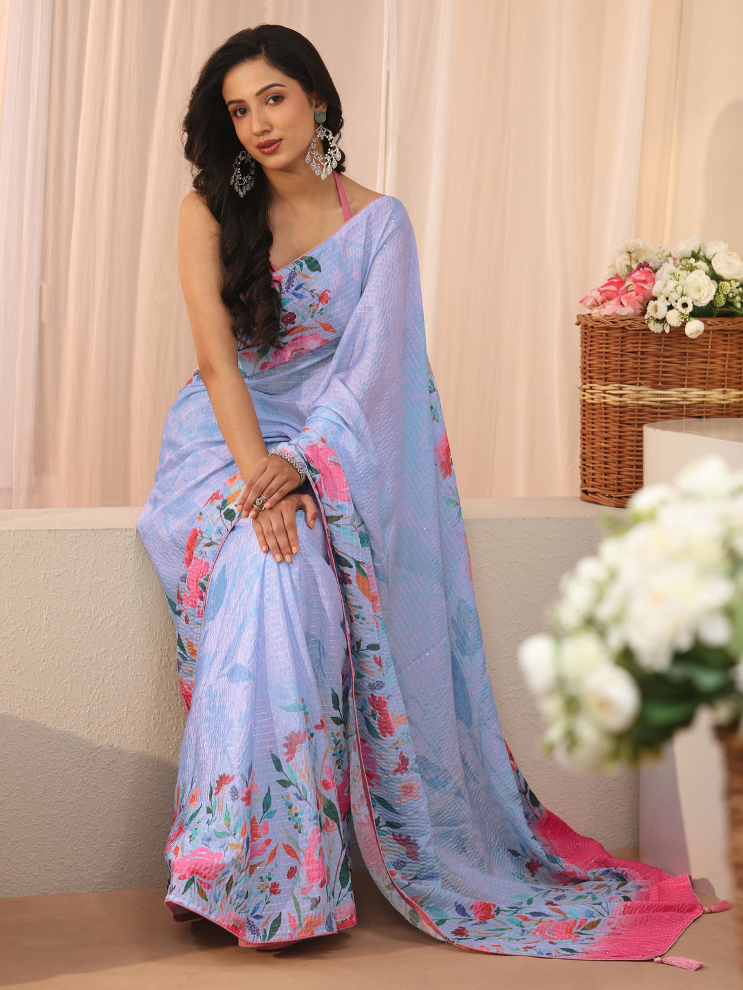 Blue Floral Printed Silk Blend Saree