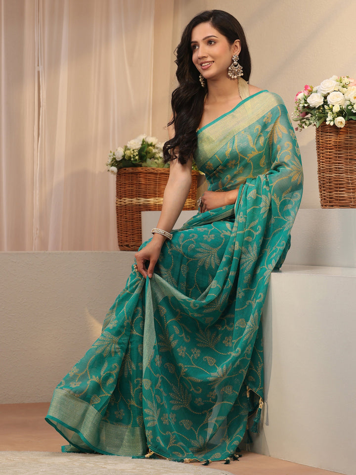 Blue Floral Printed Silk Blend Saree
