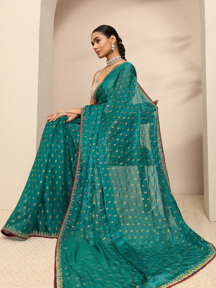 Blue Floral Printed Silk Blend Saree With Unstitched Blouse Piece