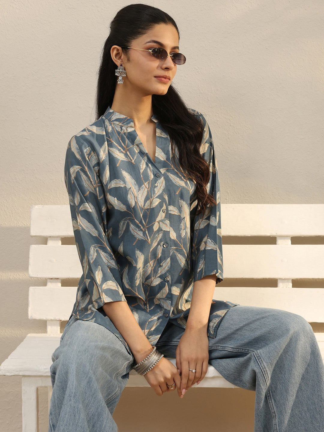 Blue Floral Printed Silk Blend Shirt