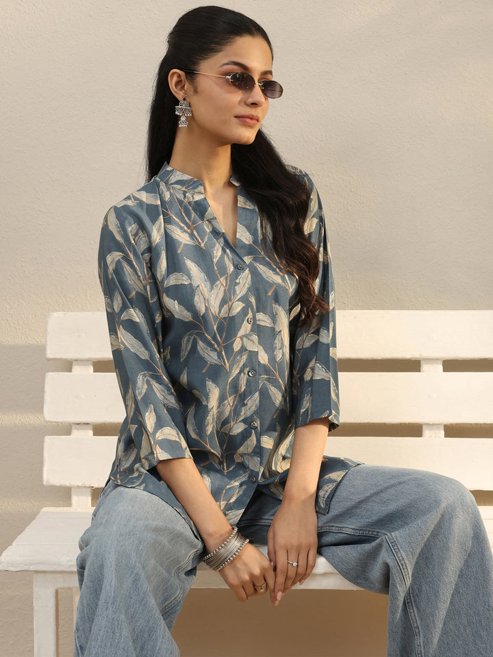 Blue Floral Printed Silk Blend Shirt