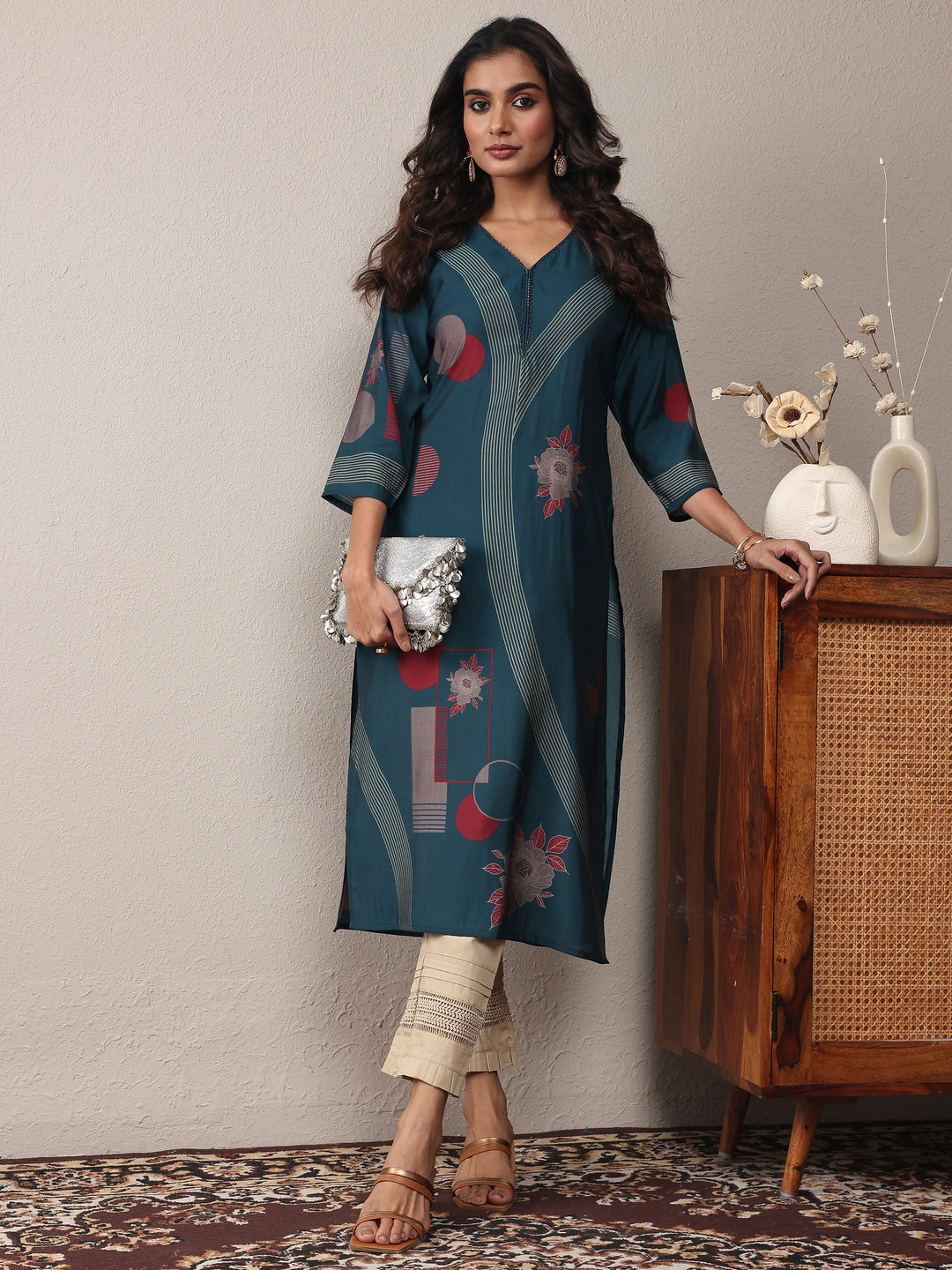 Blue Floral Printed Silk Blend Straight Kurta