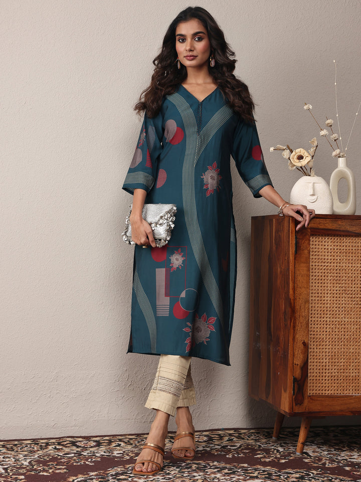Blue Floral Printed Silk Blend Straight Kurta