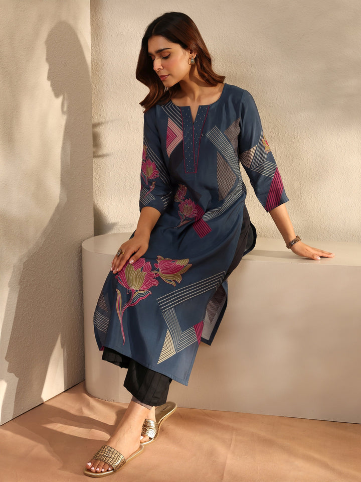 Blue Floral Printed Silk Blend Straight Kurta
