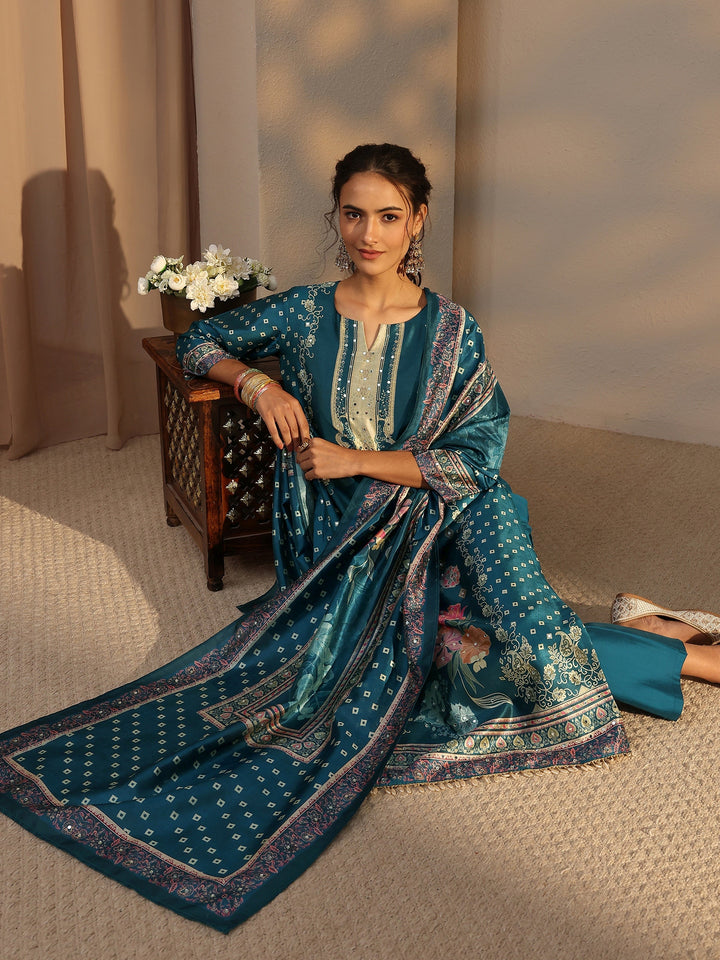 Blue Floral Printed Silk Blend Straight Suit Set With Dupatta