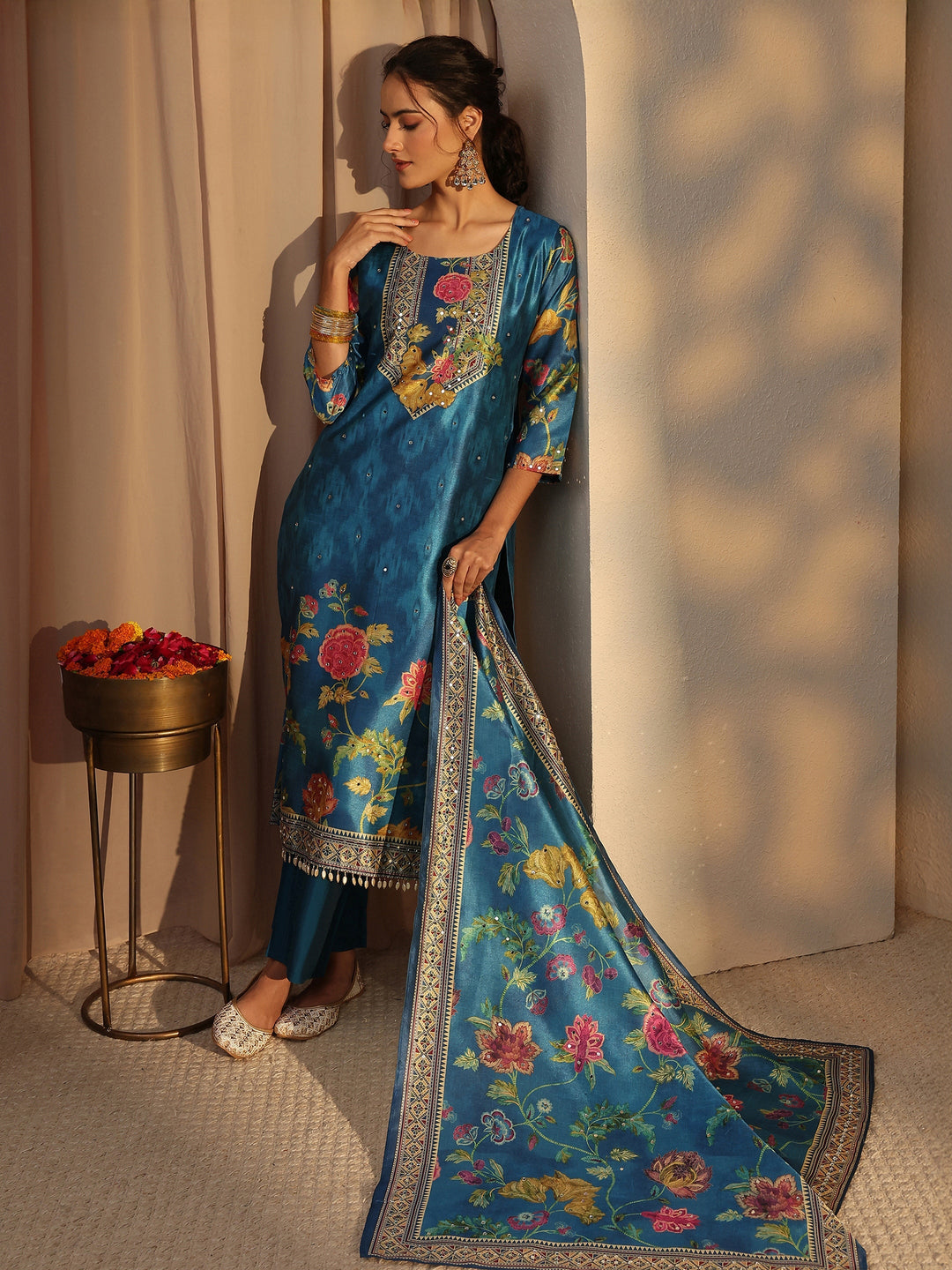 Blue Floral Printed Silk Blend Straight Suit Set With Dupatta