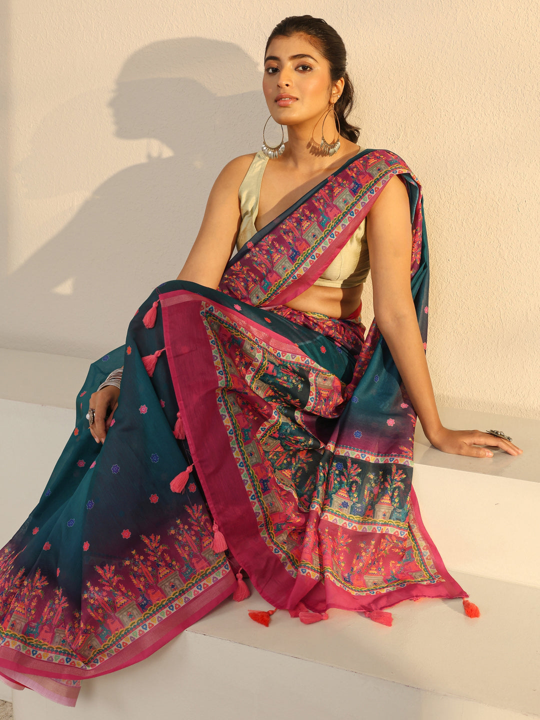 Blue Floral Printed Silk Blend Tassel Saree With Unstitched Blouse Piece