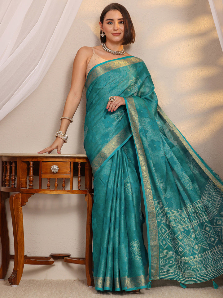Blue Floral Woven Design Jaacquard Silk Blend Saree With Unstitched Blouse Piece
