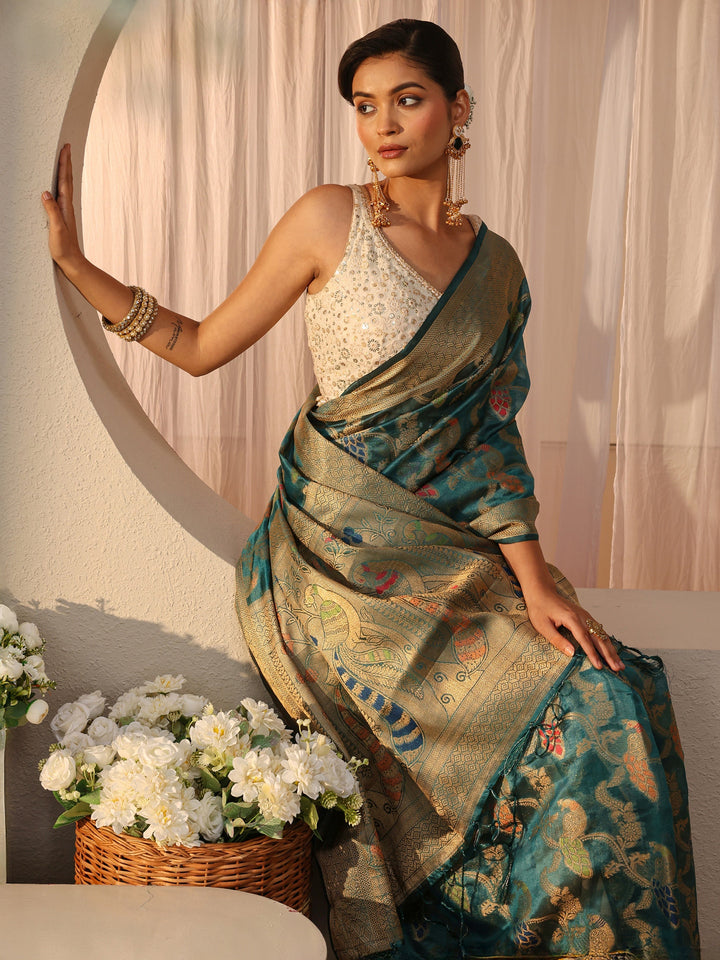 Blue Floral Woven Design Silk Blend Saree