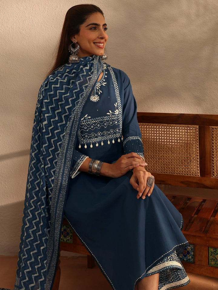 Blue Floral Yoke Design Cotton Blend Straight Suit Set With Dupatta