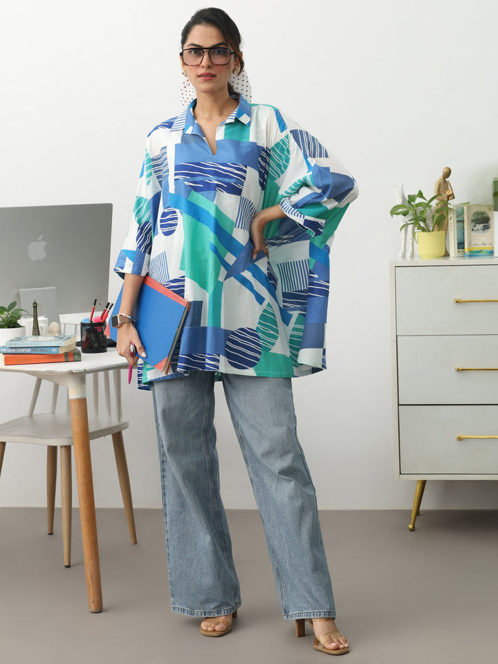 Blue Geometric Printed Cotton Blend A-Line Short Kurti
