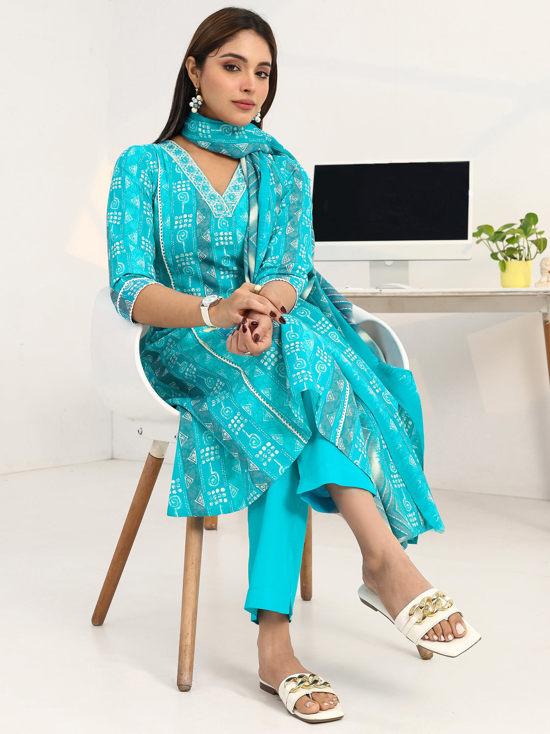 Blue Geometric Printed Cotton Blend A-Line Suit Set With Dupatta
