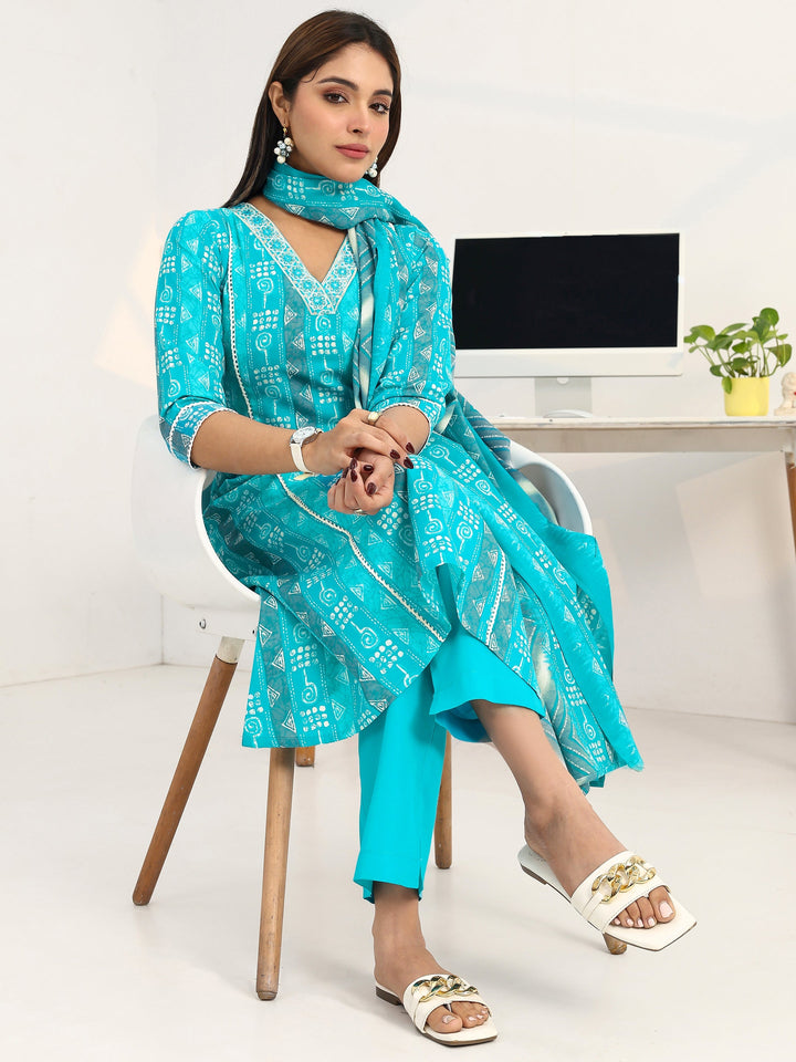 Blue Geometric Printed Cotton Blend A-Line Suit Set With Dupatta