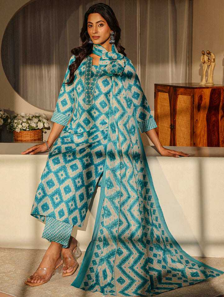 Blue Geometric Printed Cotton Blend Straight Suit Set