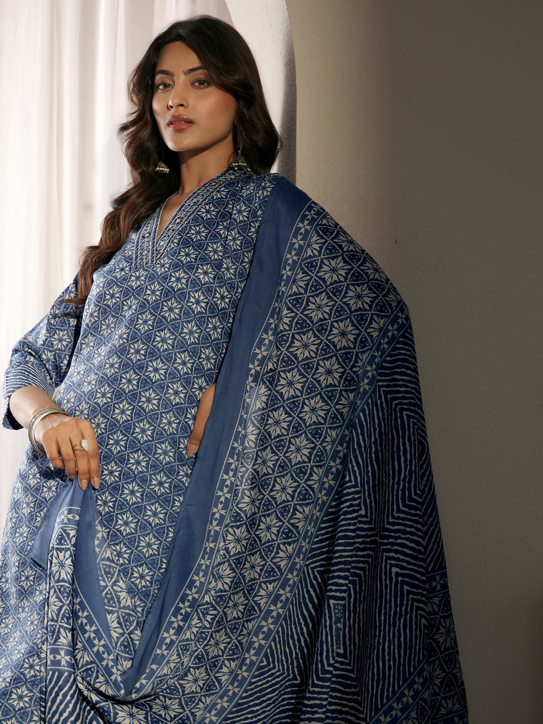 Blue Geometric Printed Cotton Blend Straight Suit Set With Dupatta