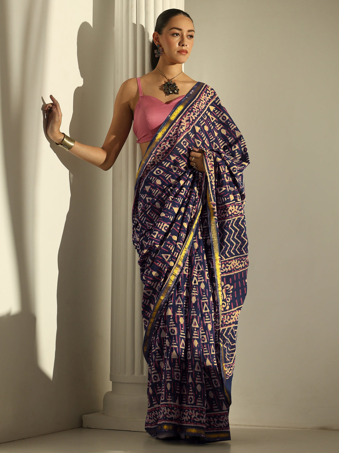 Blue Geometric Printed Cotton Saree