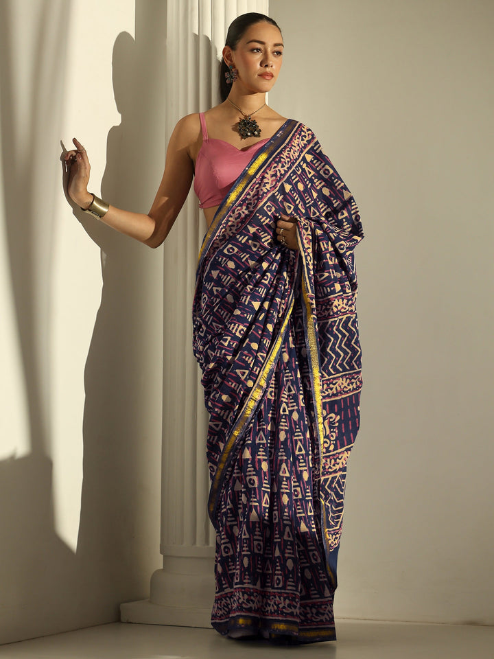 Blue Geometric Printed Cotton Saree